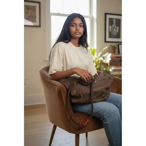 Designer Embossed Hobo Bag Chocolate Brown Rope Handle Embellished Beaded Detail